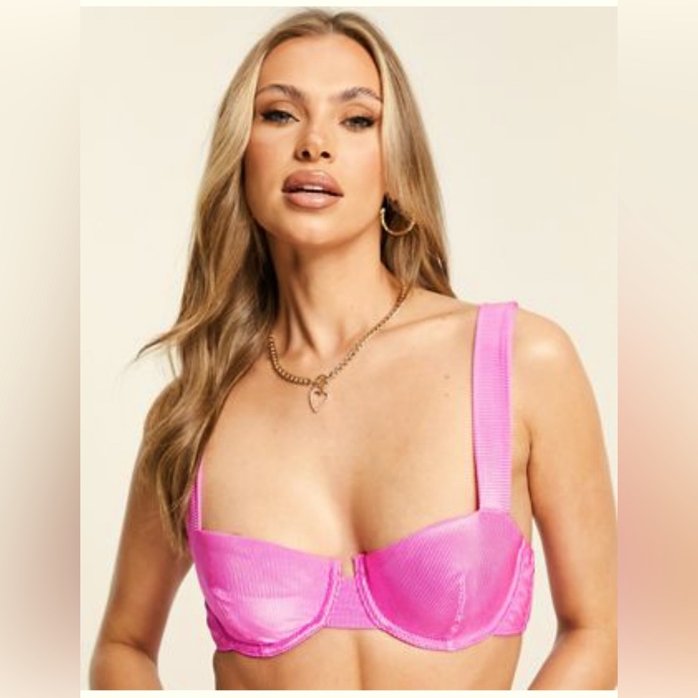 ASOS DESIGN mix and match mirror satin rib underwired bikini top in bright pink